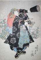 Triptych left panel, actor as warrior in formal dress holding a lantern