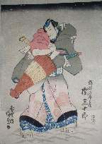 Triptych center panel, actor with folded umbrella in the snow