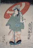 Triptych right panel, actor with open umbrella in the snow