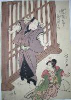 Actor in purple kimono standing next to kneeling onnagata