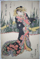 Onnagata in sumptuous robe, before screen with iris pond