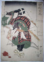 Triptych right panel, actor in checked kimono with lantern, stone colums
